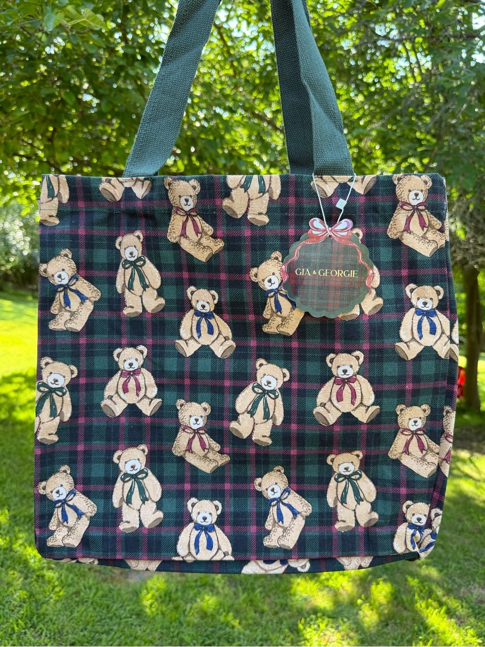 Gia & Georgie Teddy Bear Plaid Canvas Tote Bag Christmas NWT